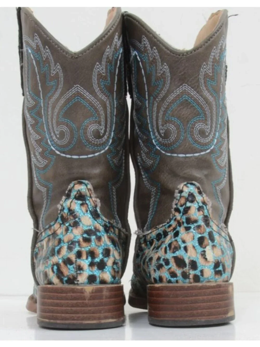 Roper Girls' 11 Glitter Teal Leopard Western Boots - Square Toe Cowgirl